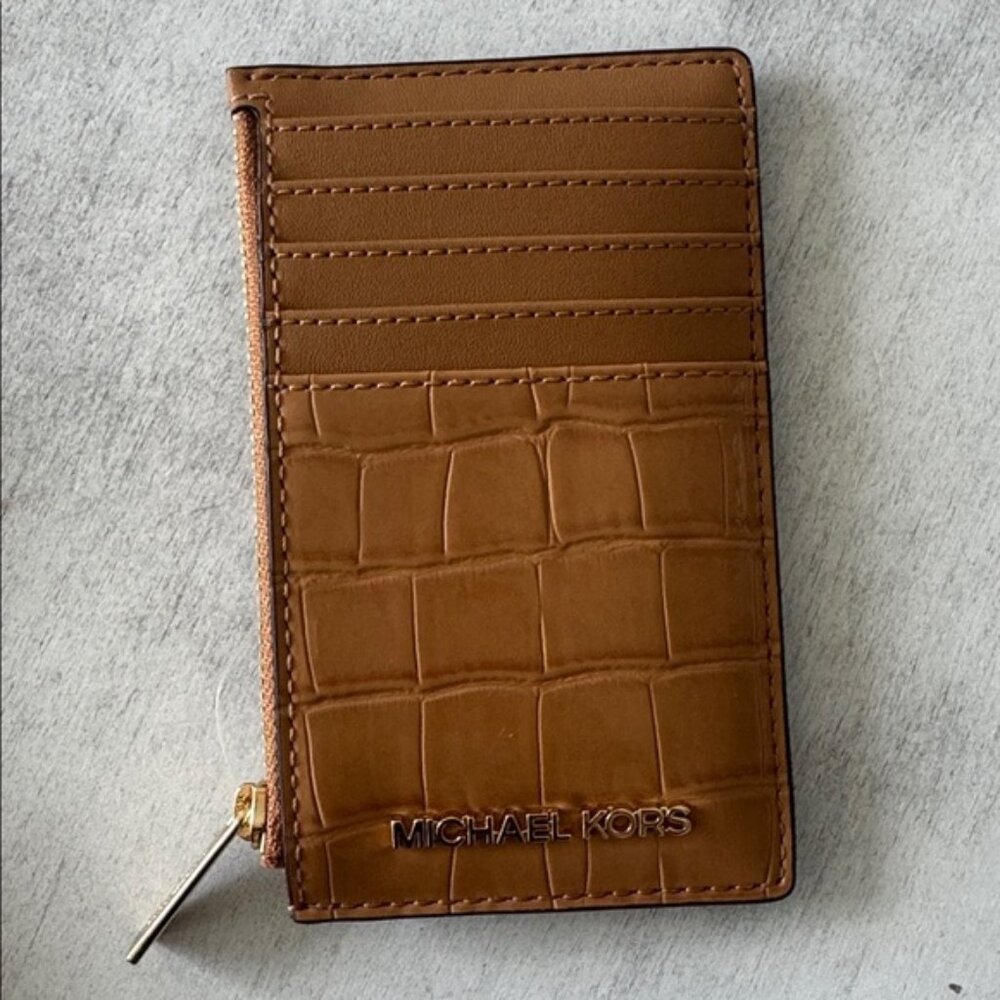 Michael Kors Logo Jet Set Travel Med Tan Croc-Embossed Card Holder Wallet